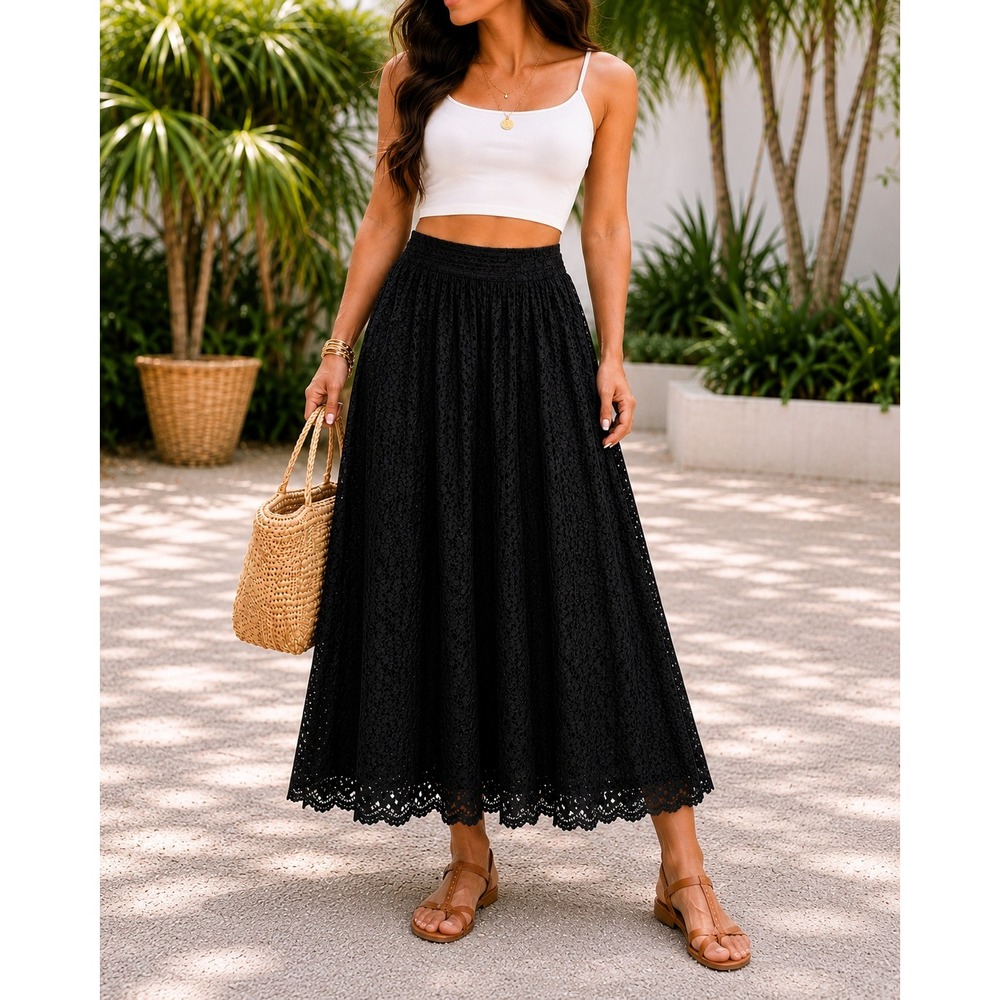 VTG Susan‎ Graver Whimsigoth Floral Lace Black Midi Skirt Women M Scalloped Hem